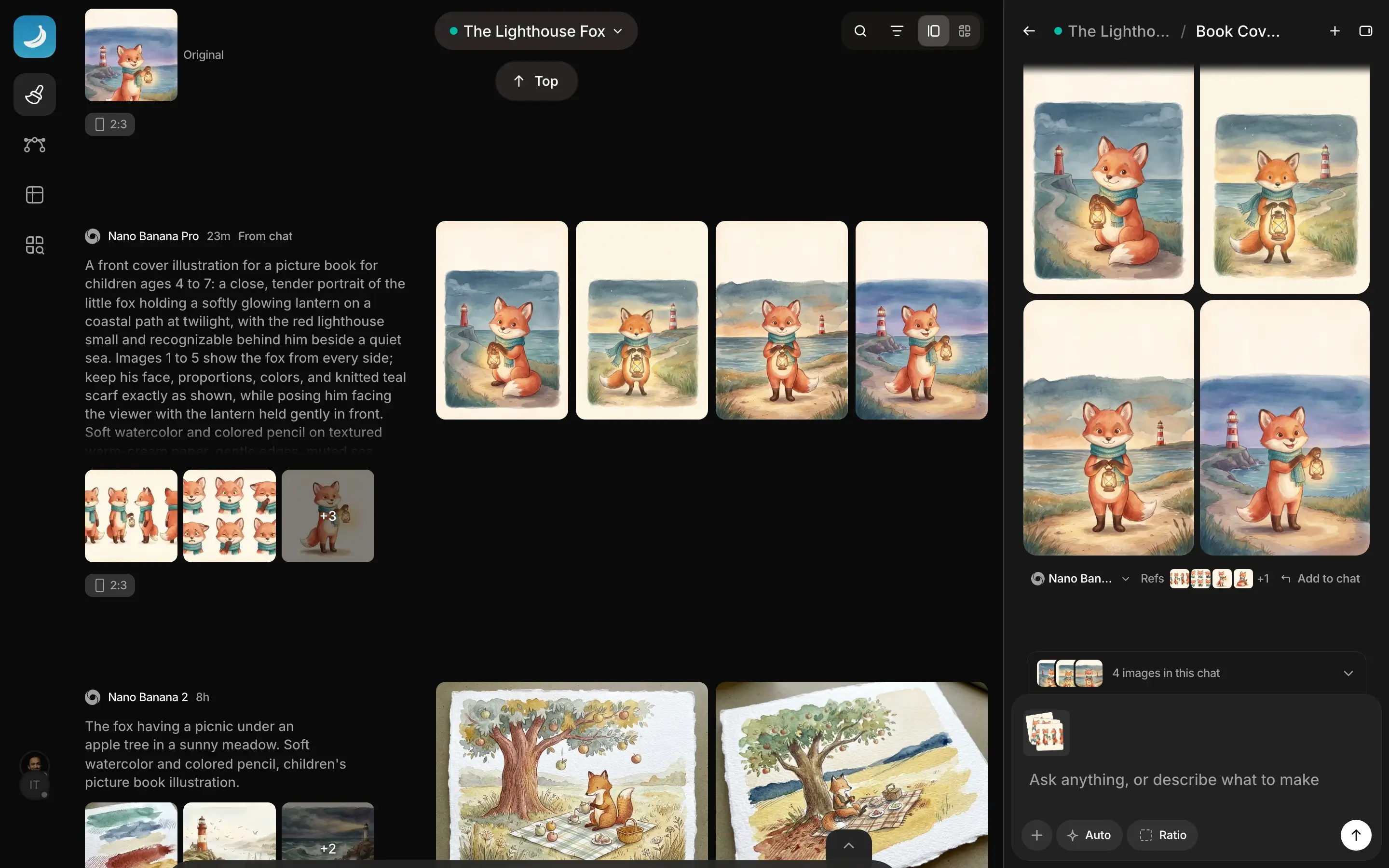 The workspace on a desktop display: Lighthouse Fox book covers in the feed, the Agent chat beside them
