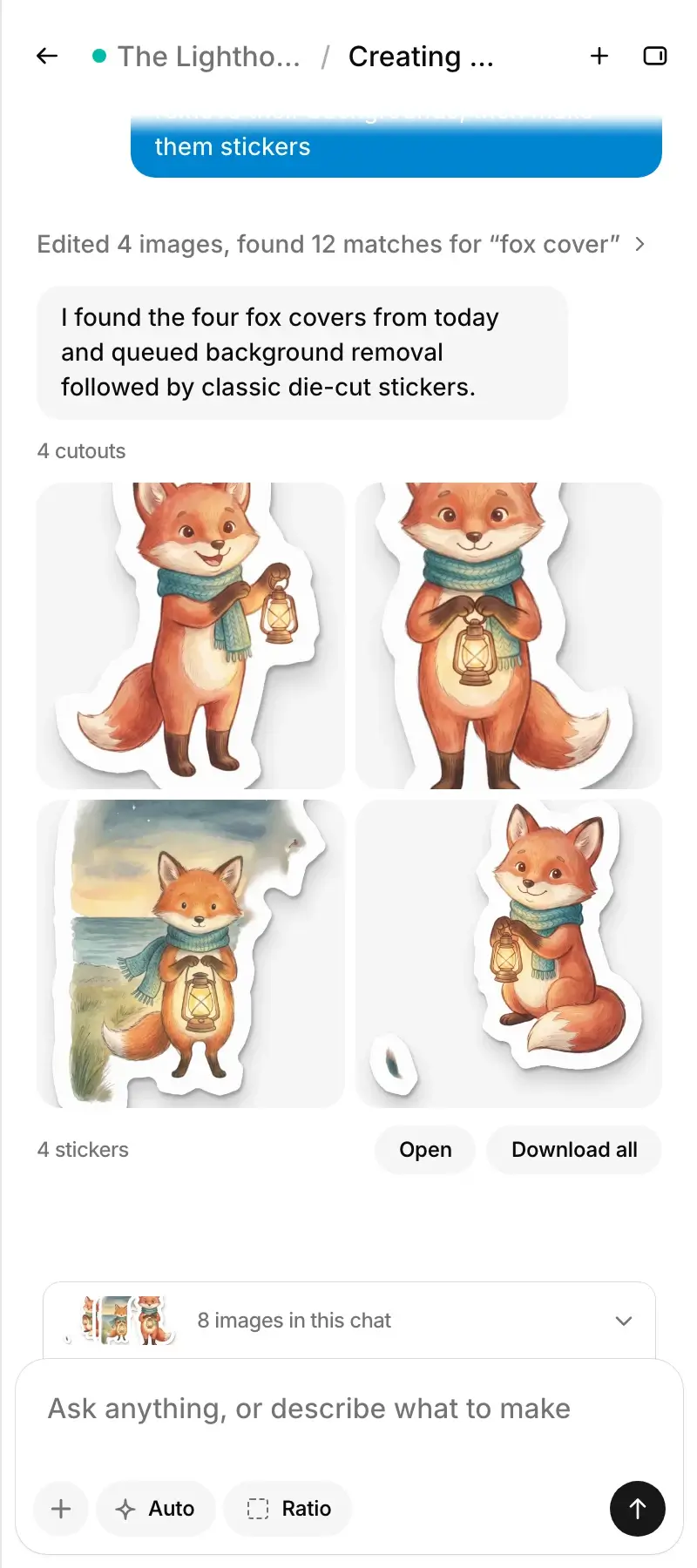 The same workspace on a phone: Agent turning four fox covers into stickers