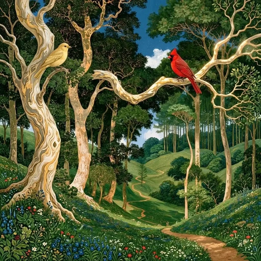 Painted woodland: a yellow bird and a red bird on a twisting pale tree above a winding path through green hills