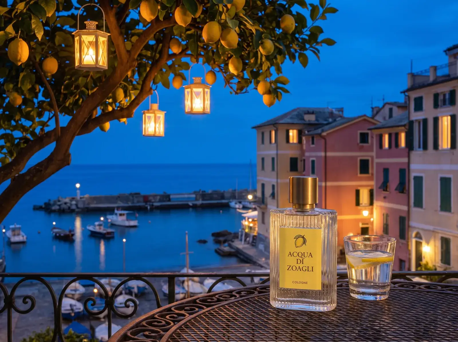 The bottle on a terrace at dusk under lanterns